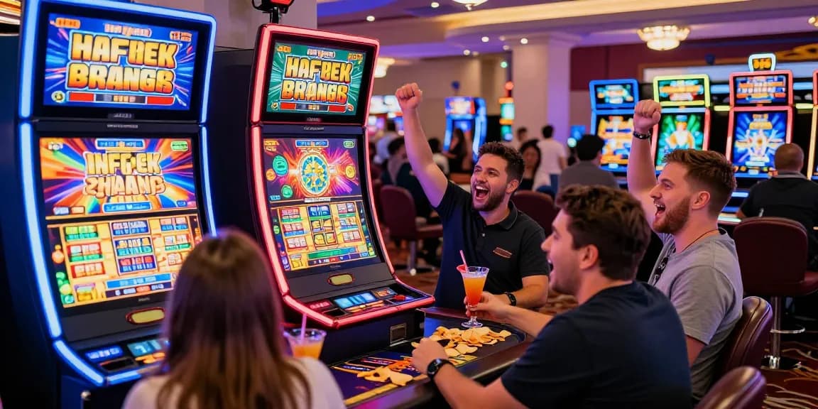Players celebrating a win on a slot gacor machine surrounded by colorful graphics in a lively casino.