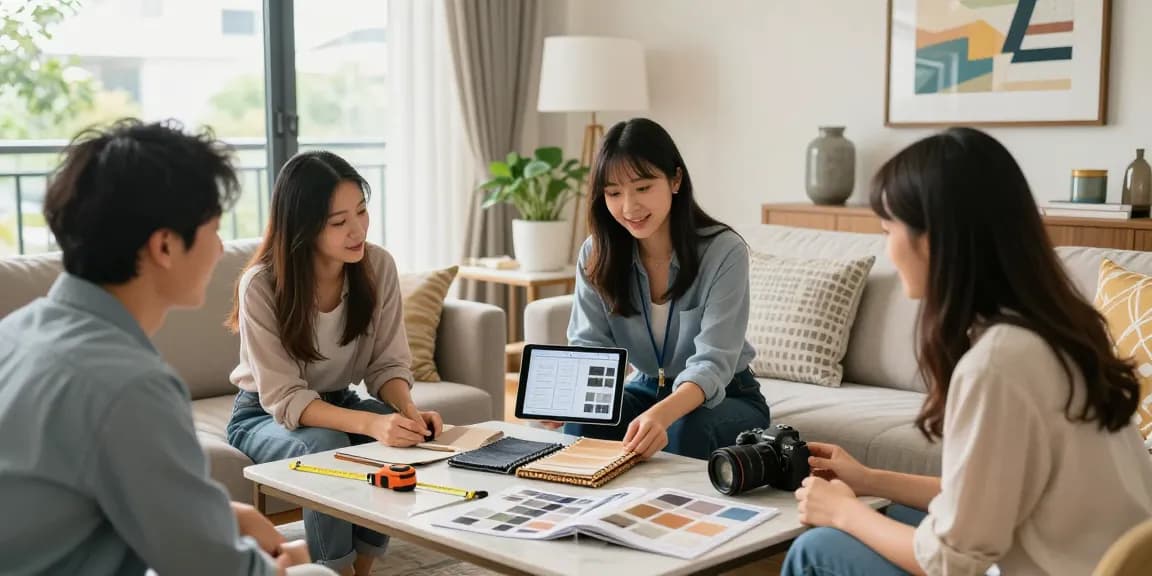 Engaging home renovation hk scene with designer and clients discussing interior design ideas in bright living room.