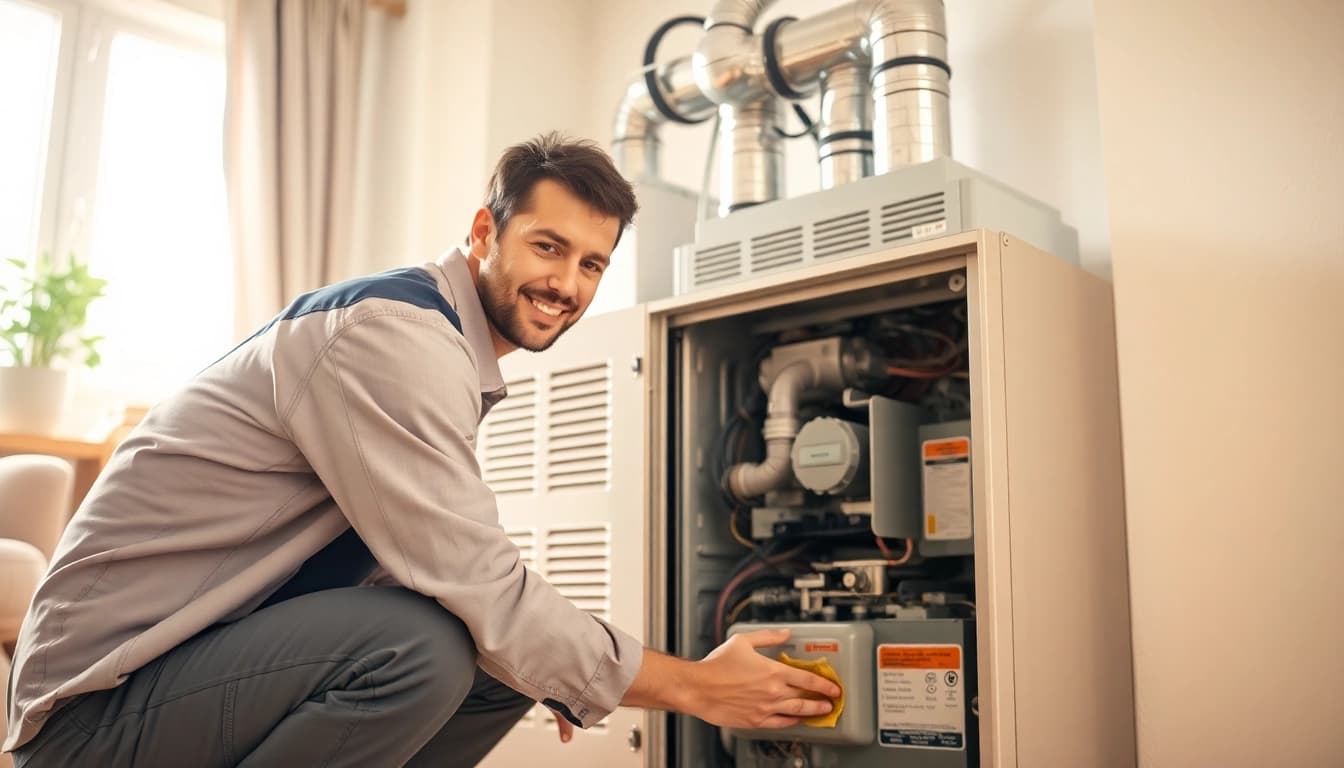 Skilled technician providing furnace maintenance services in a clean, inviting home environment.