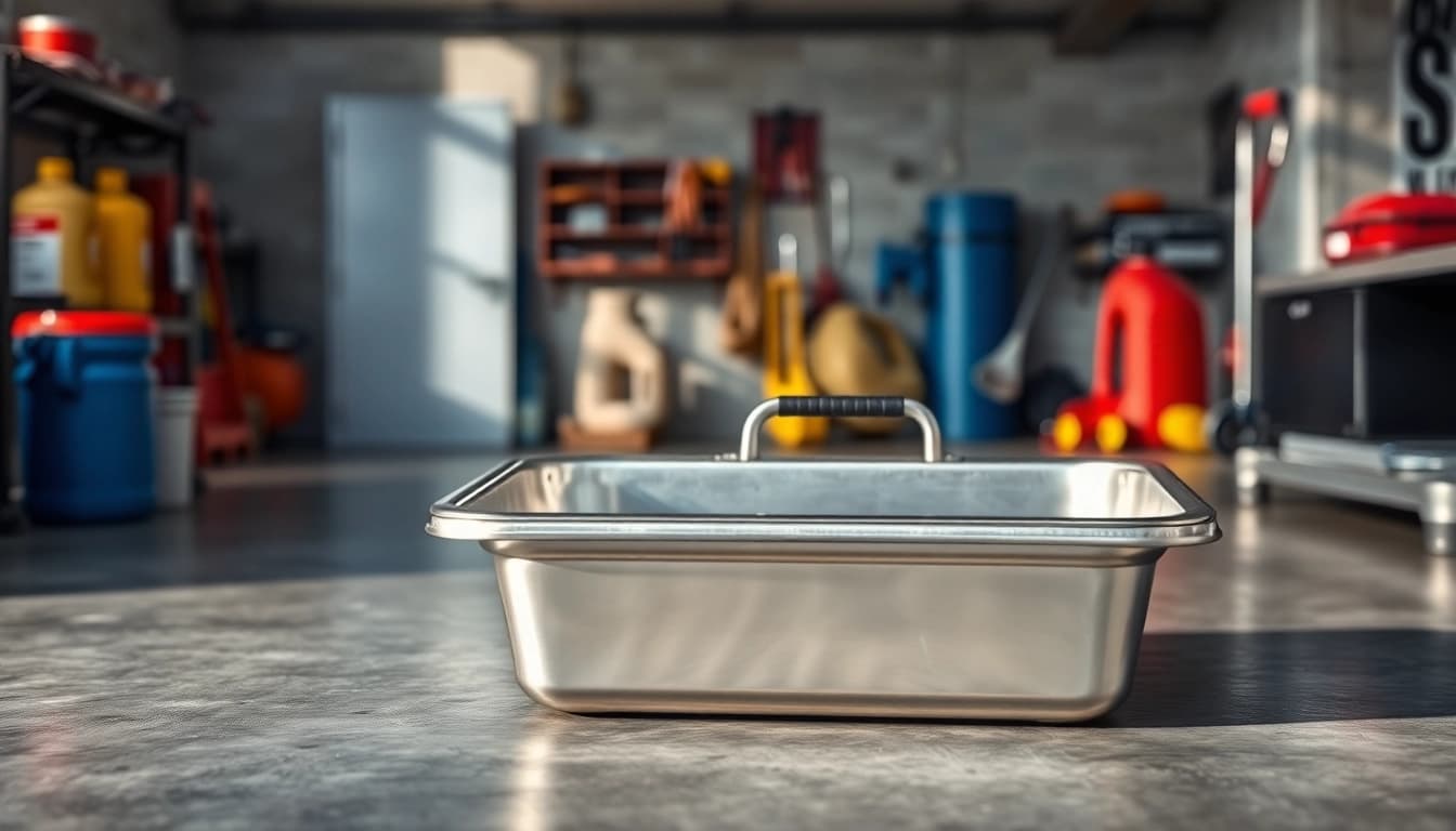 Efficient oil drain pan with an ergonomic design showcased in a clean garage setup.