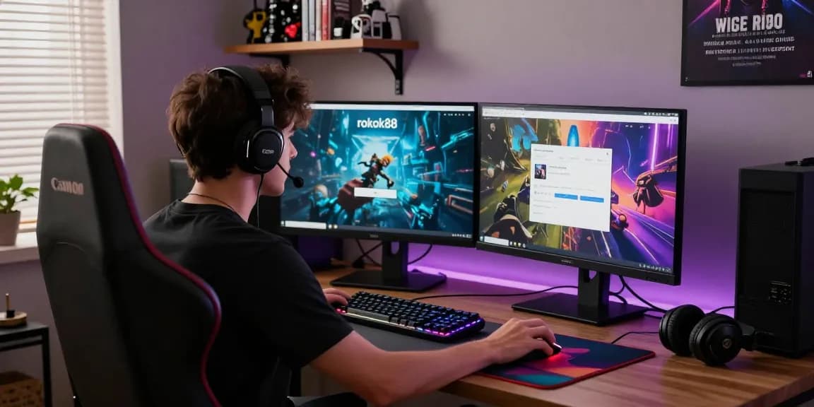 Engaged gamer using rokok88 login on dual monitors in modern home office.