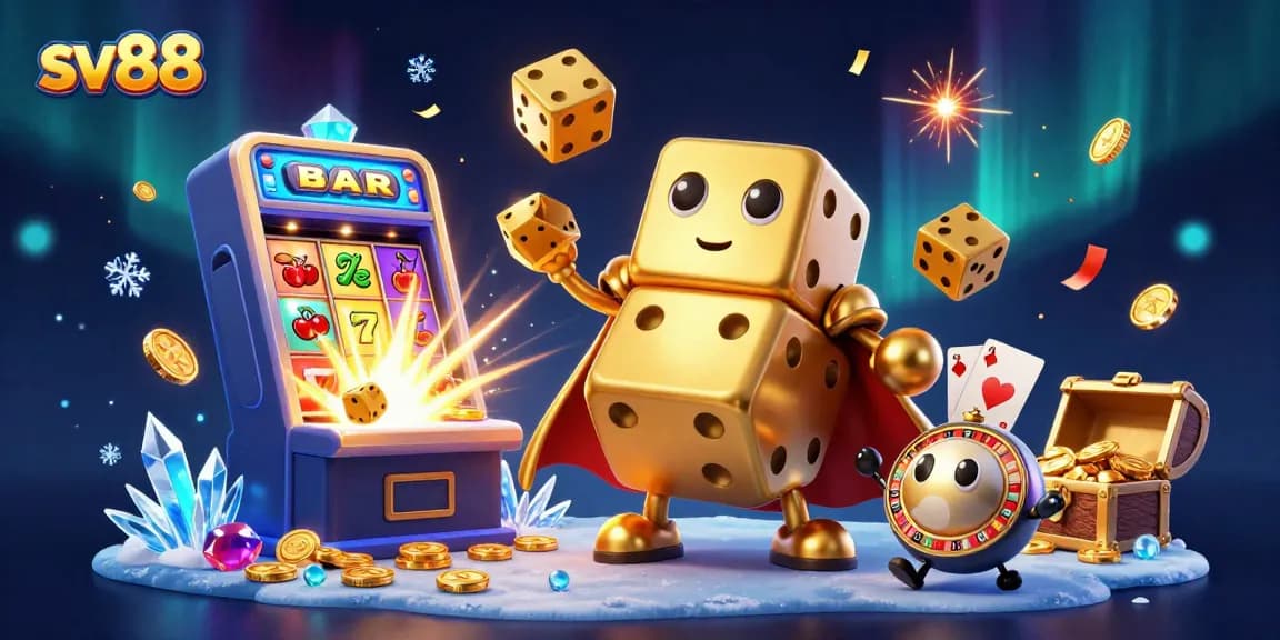 Win big with sv88 in a vibrant casino scene filled with gleaming slots, dice, and gold!