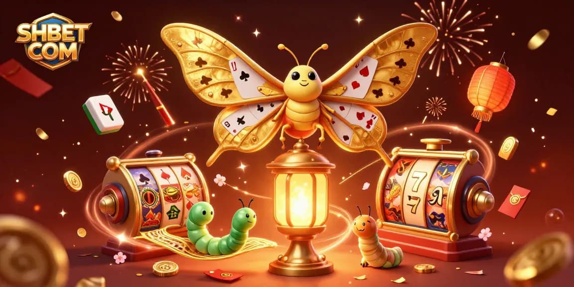 Engage with SHBET COM in a vibrant casino scene featuring an atlas moth, slot reels, and dazzling confetti.