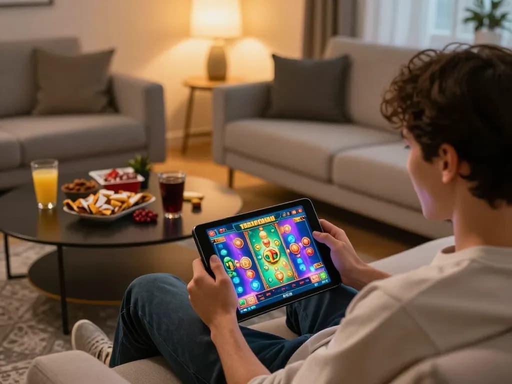 Engaged in the latest slot terbaru game while enjoying a cozy home atmosphere.