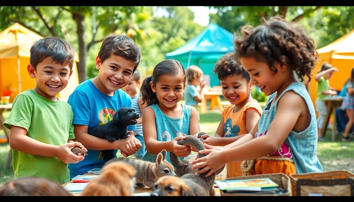 Children happily participating in animal summer camps for kids, engaging with various animals in an outdoor setting.