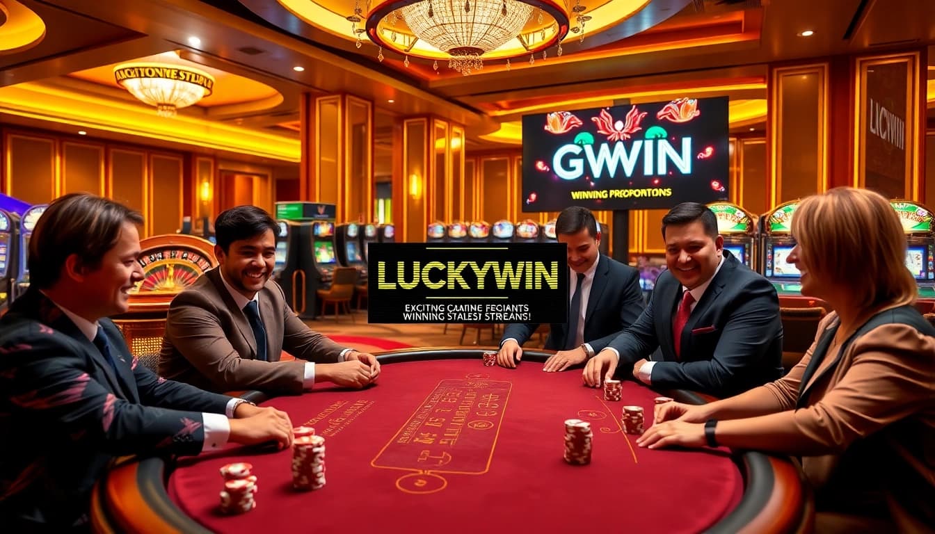 High-stakes poker game at LUCKYWIN casino with vibrant ambiance and luxury decor.