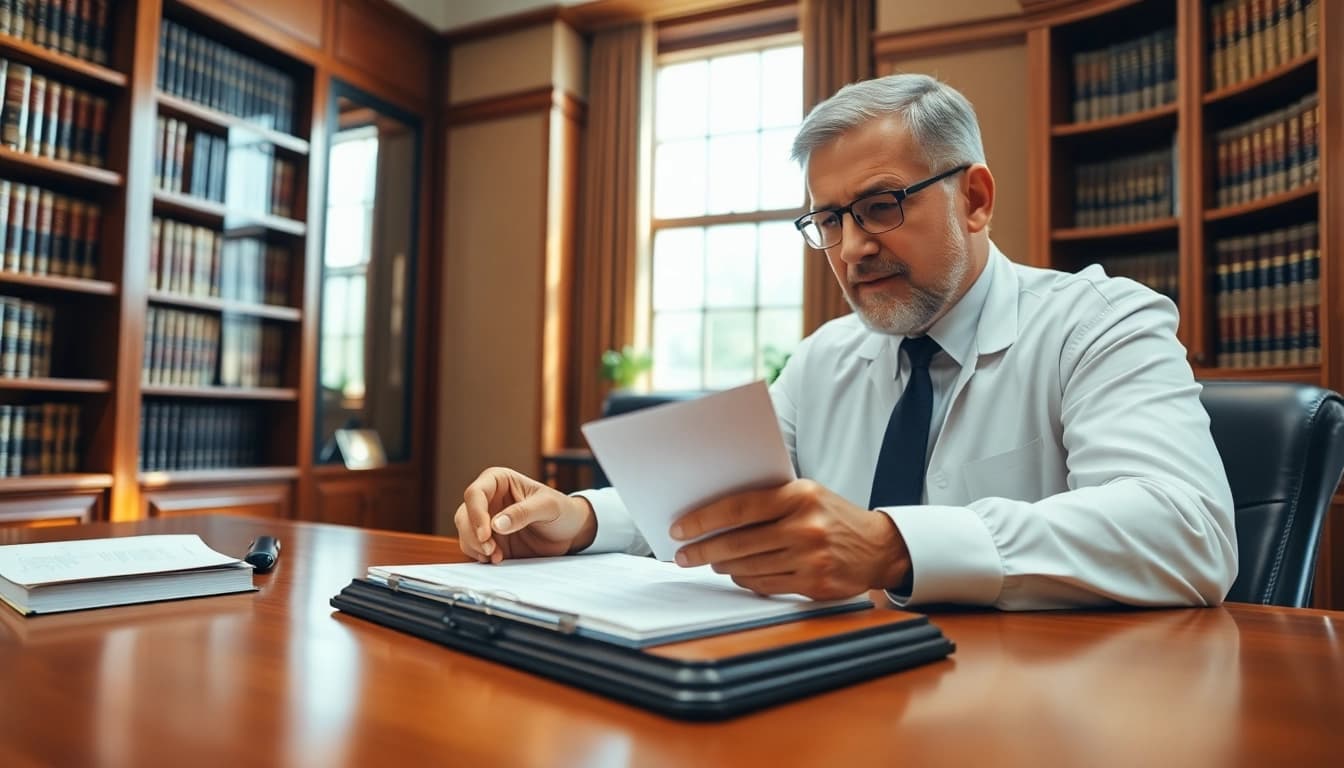 Engaging attorney reviewing testamentary trusts documents in an inviting office.
