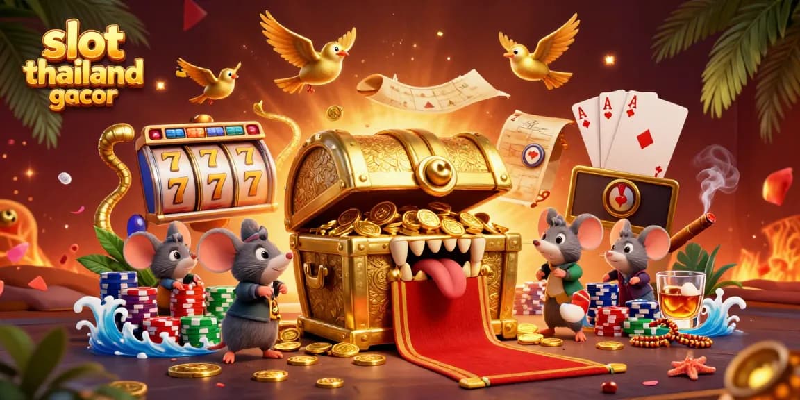 Spin and win with slot thailand gacor's vibrant 3D treasure chest illustration filled with riches.