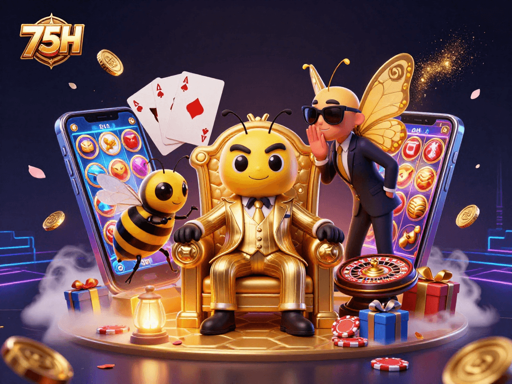 Aposte e vença com 75H em um cassino vibrante, com personagens cativantes e elementos de jogos.