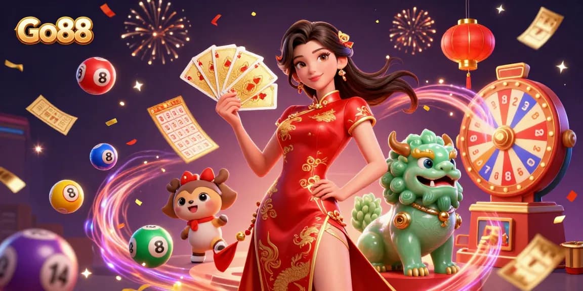 Go88 features an engaging 3D scene with vibrant game elements celebrating jackpots and wins.