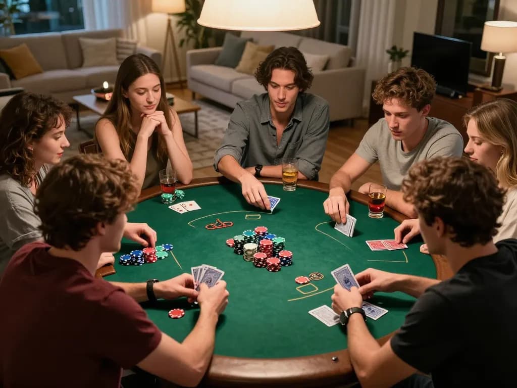 king33 players enjoying a lively poker night at home with vibrant chips and drinks.