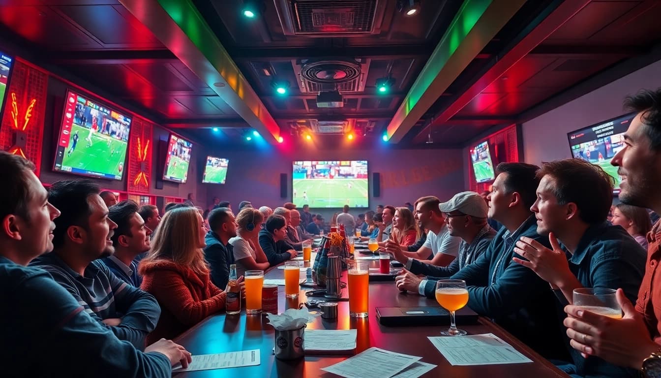 Exciting live sports betting scene at a lively sports bar during a game, capturing the thrill of 토토스토리.
