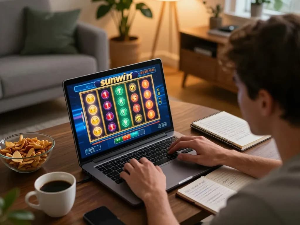 Sunwin player engaged in an online slots game at home, demonstrating focused gameplay and strategic preparation.