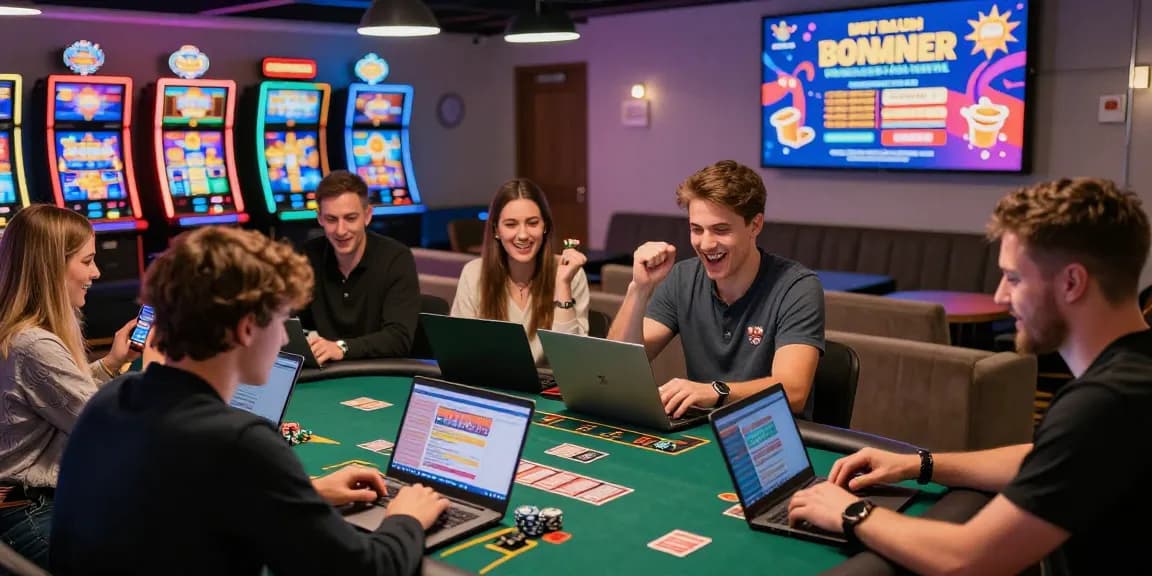 Playful group celebrating wins at the best casinos for credit cards, vibrant gaming atmosphere.