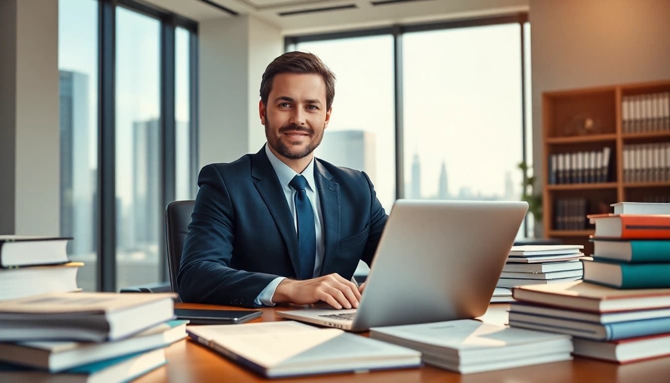 A Washington DC Venture Capital Lawyer confidently consulting in a modern office.