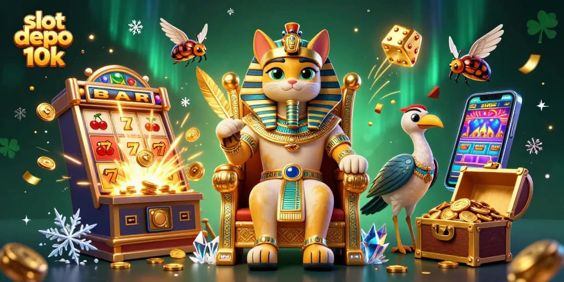 Spin to win with slot depo 10k, featuring a 3D Egyptian theme, jackpot symbols, and vibrant colors.