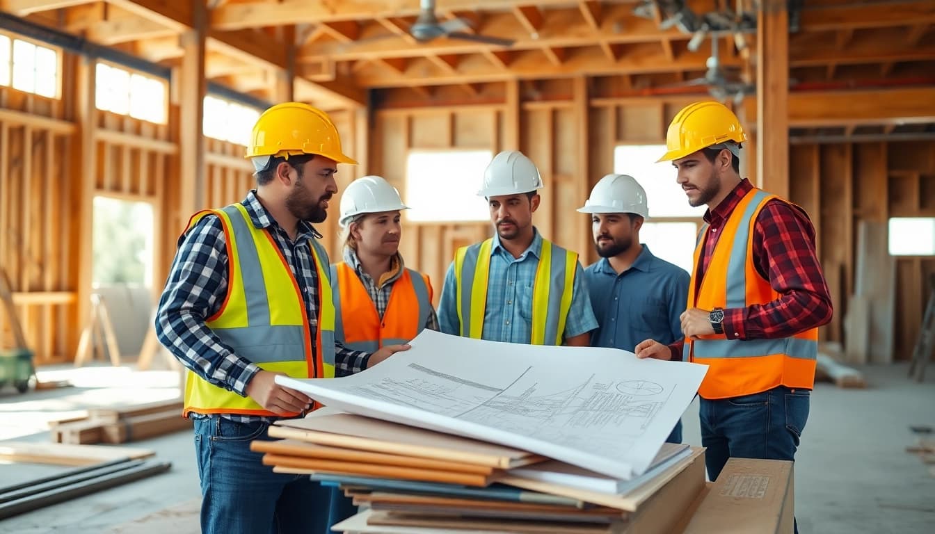 Construction Association South Carolina professionals collaborating on a project at a busy job site.