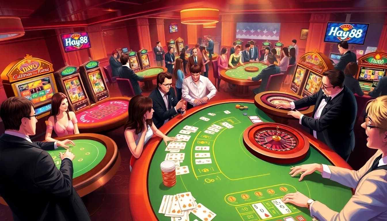 Experience exhilarating gambling moments at Hay88 with vibrant casino tables and slot machines.
