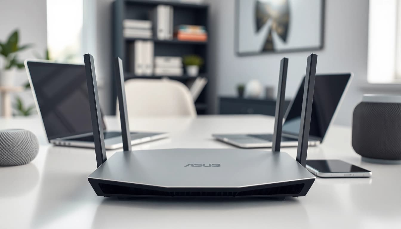 Mã AX88 với bộ định tuyến ASUS RT-AX88U trong không gian văn phòng tại nhà hiện đại