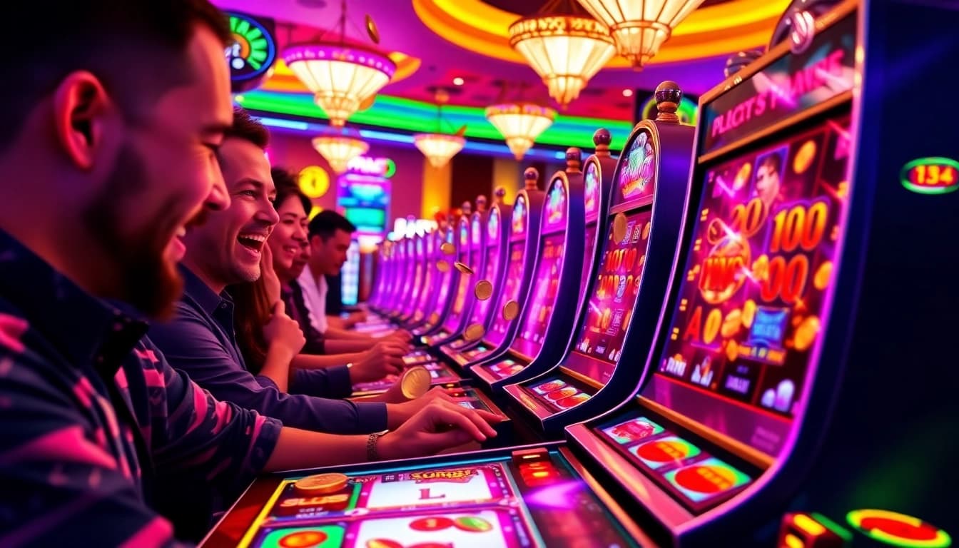 Menangkan permainan slot777 di kasino dengan mesin berwarna-warni dan pemain yang antusias.