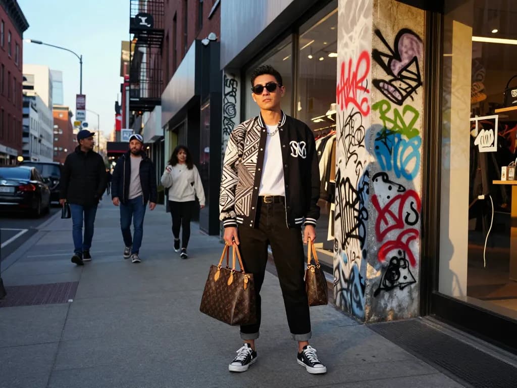 Stylish individual showcasing 레플리카 fashion in an urban street scene.