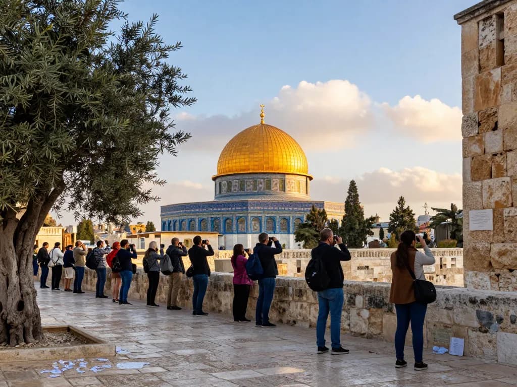 Visitors marveling at Jerusalem’s Holy Site, the Temple Mount, during a serene sunrise.