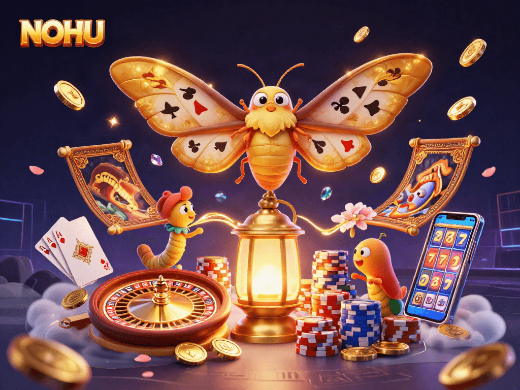 Nohu captures thrilling casino excitement with animated moths and shimmering treasures.
