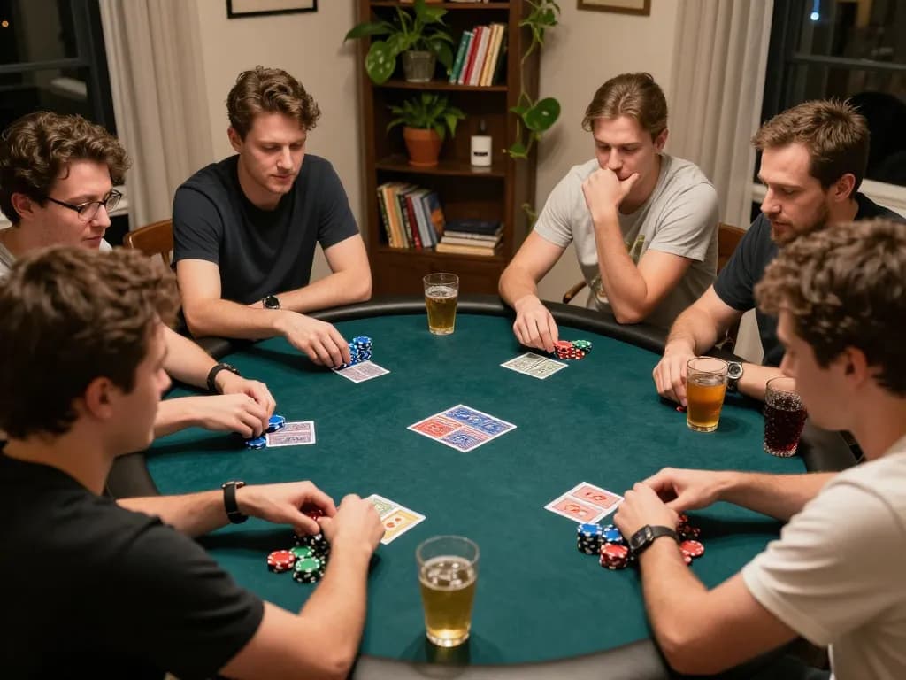 Kuwin players strategizing over a poker table during a lively home game night.
