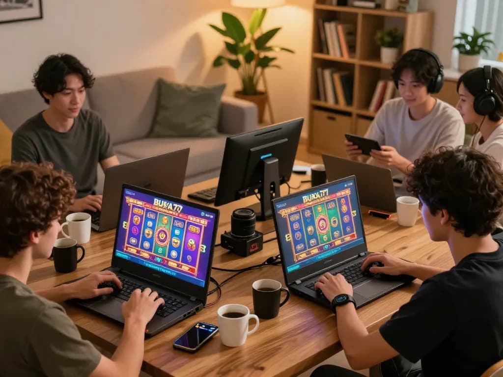 Engaging in BUKA77 online slot gameplay on smartphones in a cozy home setting.