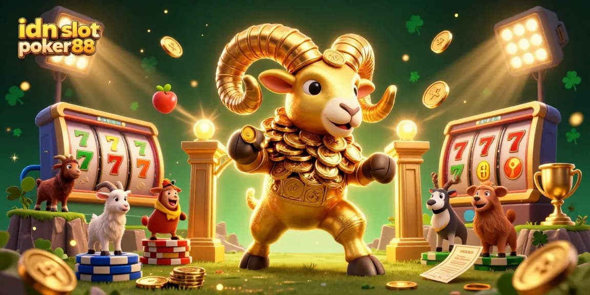 Win big with idn slot poker88 as golden ram charges towards jackpot surrounded by slots and coins.