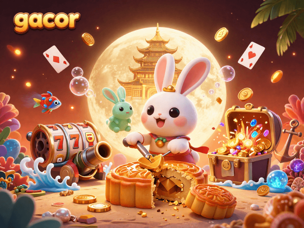 Mainkan slot gacor dengan petualangan mengasyikkan, termasuk karakter kelinci bulan, di latar belakang gemerlap kasino.