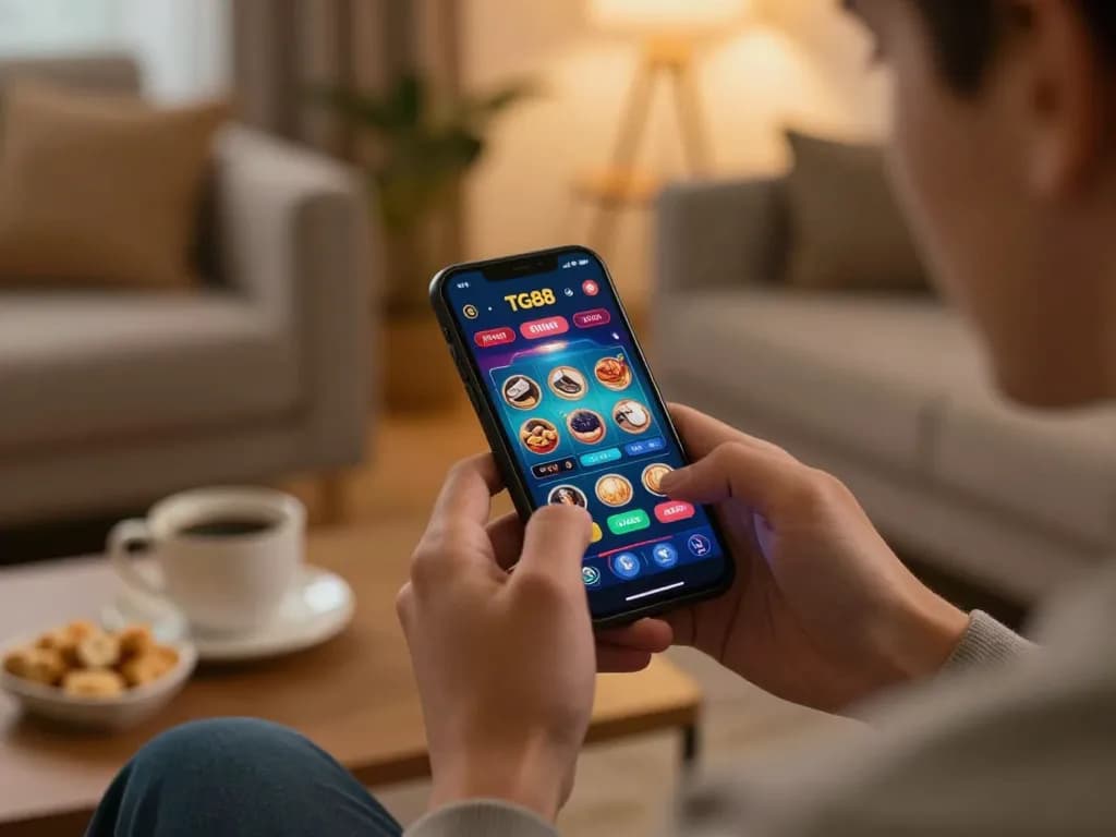 Player engages in exciting mobile gambling on the TG88 platform during cozy home setting.