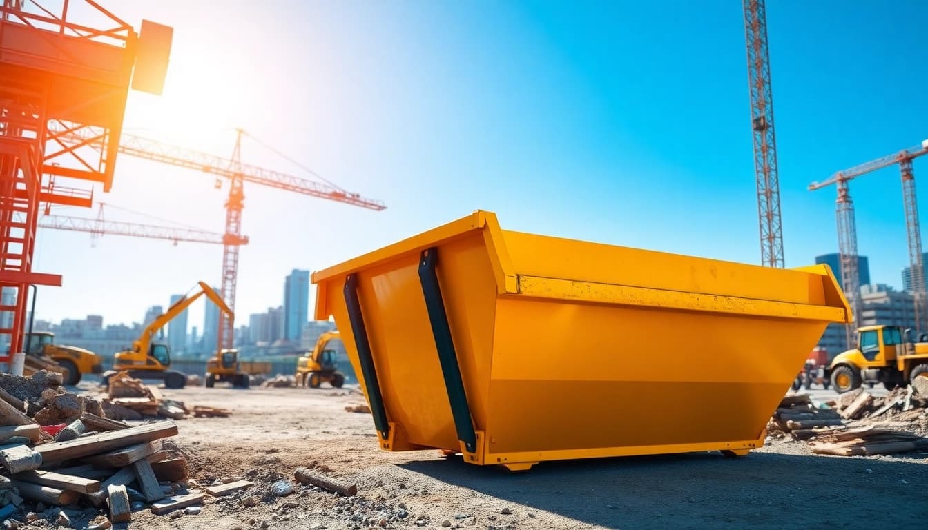 Engaging view of skip hire services at work, featuring a vibrant skip amidst a dynamic urban landscape.