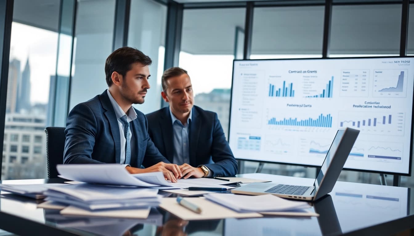 Consultant reviewing contracts and grants in a modern office setting with data analysis.