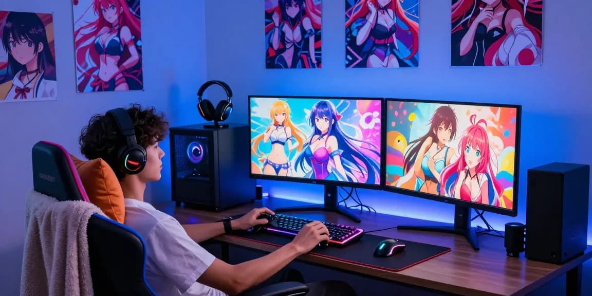 Engaging gaming setup featuring popular adult games on screens, showcasing colorful visual novel animations.