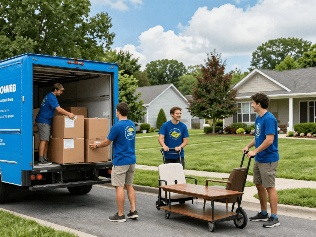 Ashville moving company team efficiently loading boxes into truck, showcasing friendly professionalism in scenic neighborhood.