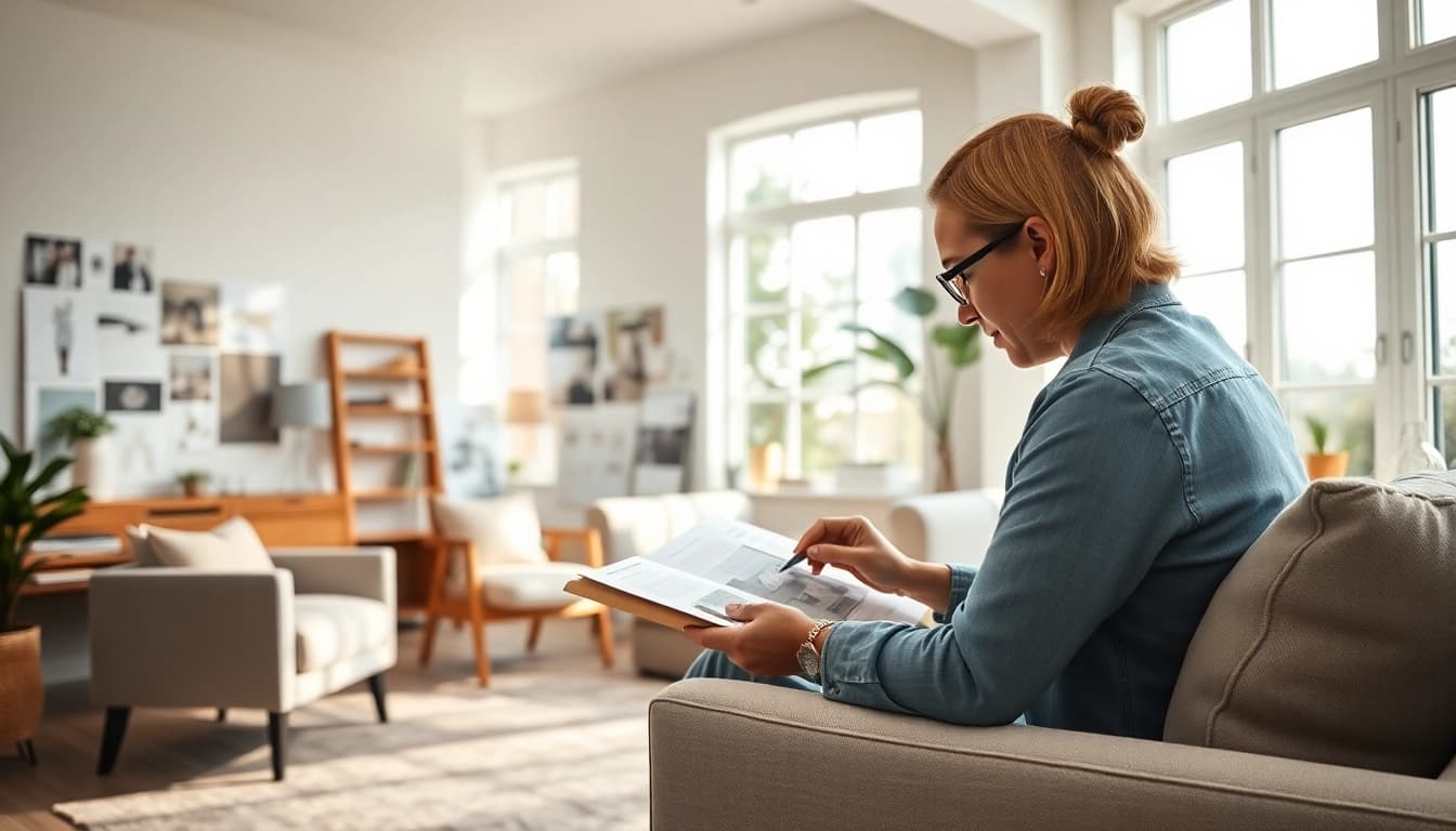 Projektant wnętrz online pracujący w nowoczesnym biurze domowym z próbkami projektów.