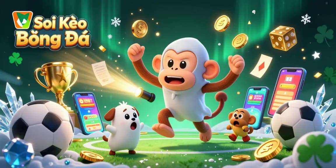 Soi Kèo Bóng Đá sports betting scene with a playful monkey and puppy tracking the action.