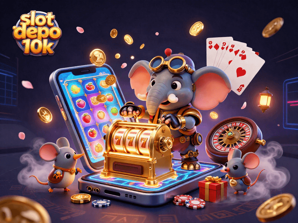 Engage with slot depo 10k through a vibrant scene with a steampunk elephant and dynamic, colorful casino elements.