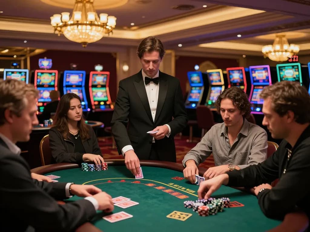 Players engaging in a high-stakes poker game at 8kbet casino, warm lighting and rich decor.