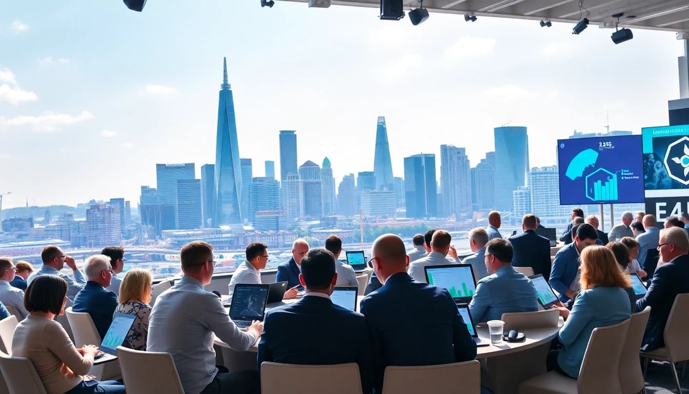 Attendees collaborating at the businessabc ai global summit london 2025, discussing innovative ideas.