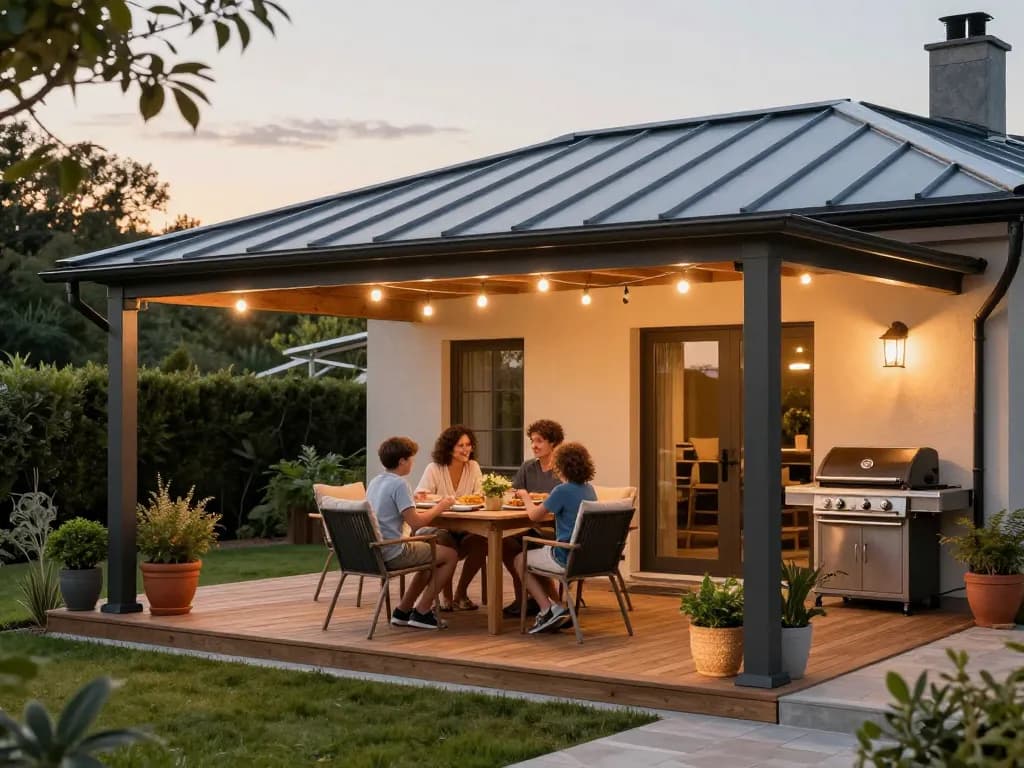 Elegante Aluminium-Terrassenüberdachung, die einen gemütlichen Außenessbereich mit der Familie schafft.