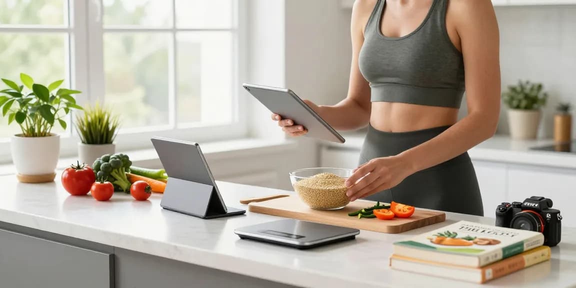 Preparing a healthy meal while using the best calorie tracker in a bright kitchen setting.