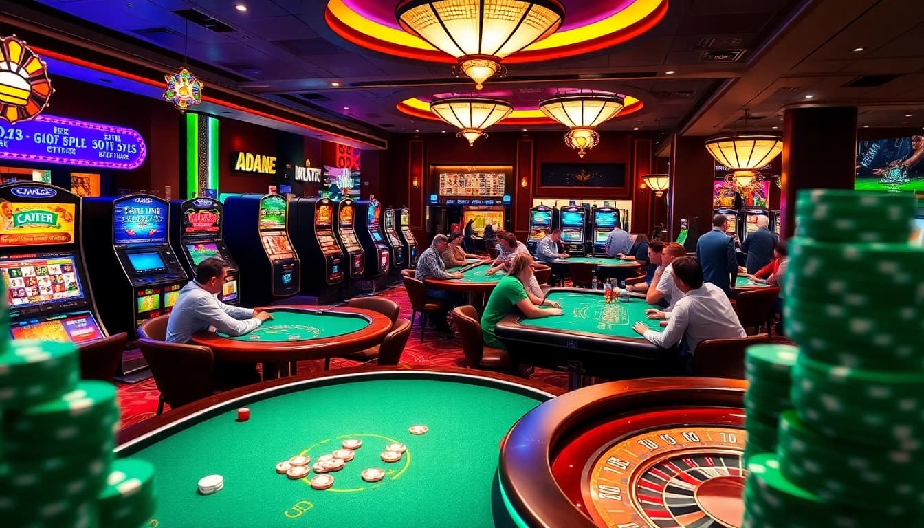 Gambling scene at KJC AC 2 casino featuring poker tables, dice, and slot machines.