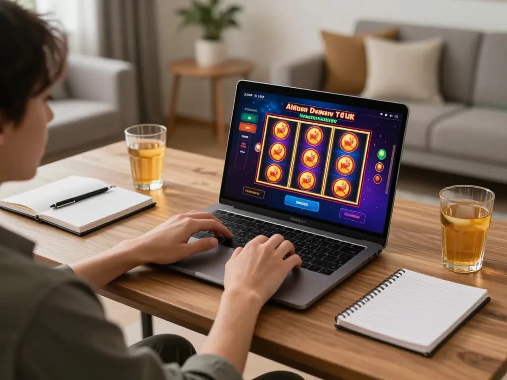 Engaging online casino gameplay with LINK MB88 slot interface, cozy home setting, and strategic notes.