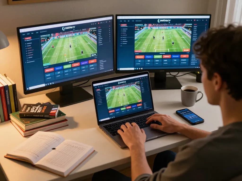 Cakhia tv user engaging in live sports betting at home with laptop and strategy notes