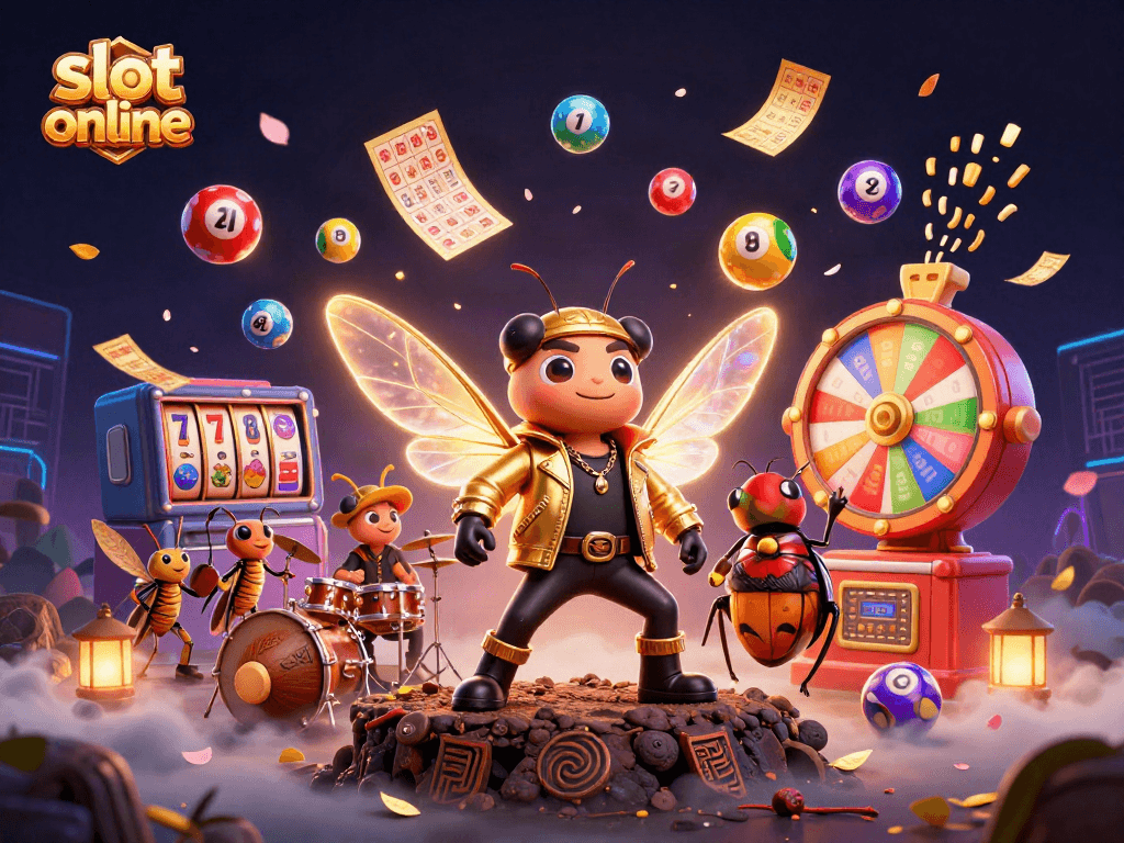 Engage with vibrant slot online gaming visuals featuring animated characters and casino elements.