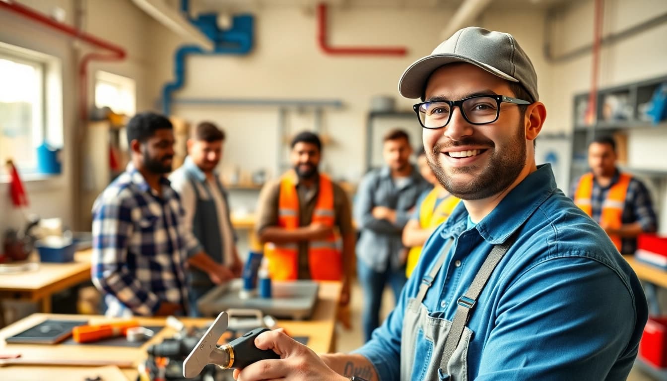 Engaging plumbing apprenticeship program with diverse trainees learning in a professional setting.