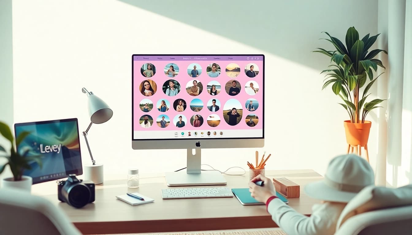 Crop image in circle using an innovative online tool, featuring diverse images being edited in a modern workspace.
