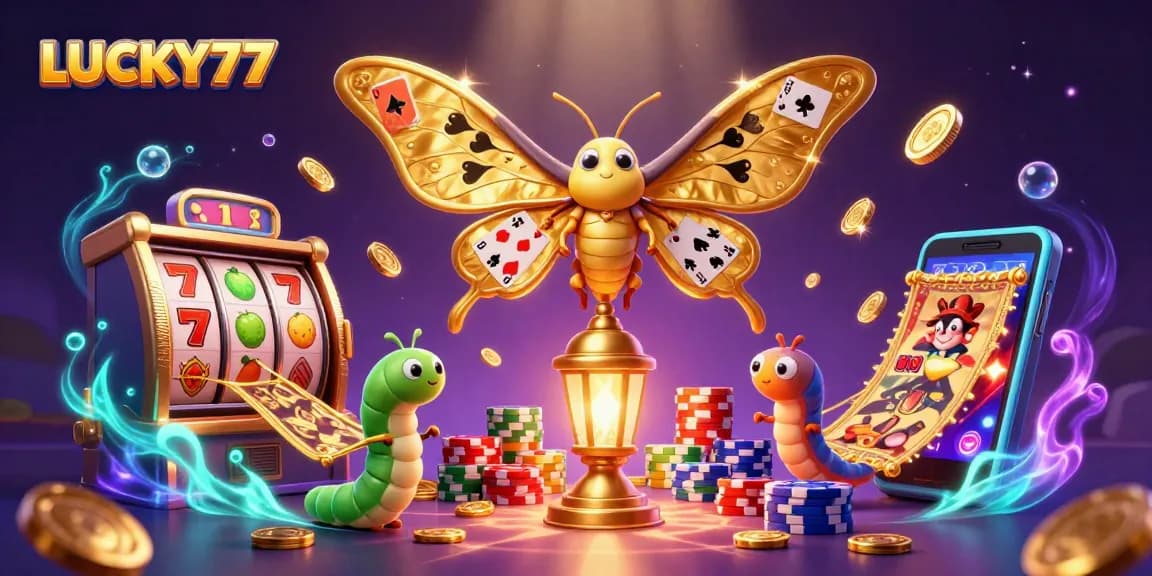 Engage with LUCKY77's vibrant casino-themed illustration showcasing golden jackpots and colorful slots.